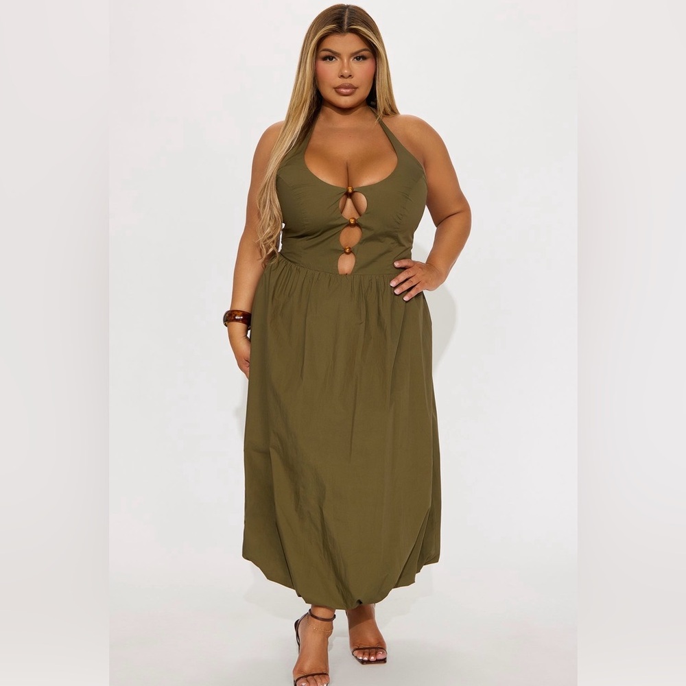 Fashion Nova Olive Cutout Bubble Hem Maxi Dress – Halter Neck Statement Dress